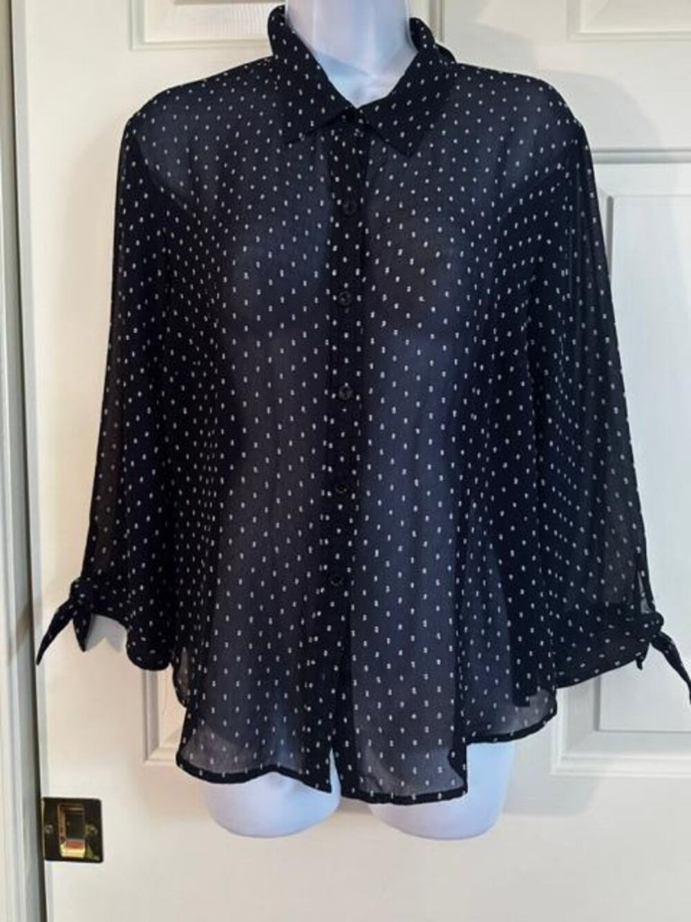 * Emma James Black Sheer Polyester Blouse Button Down 3/4 Tie Sleeve Size 14